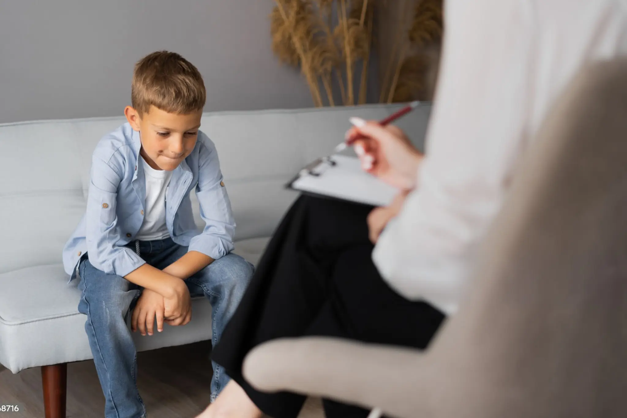 boy sits on a couch, engaged in conversation with a therapist